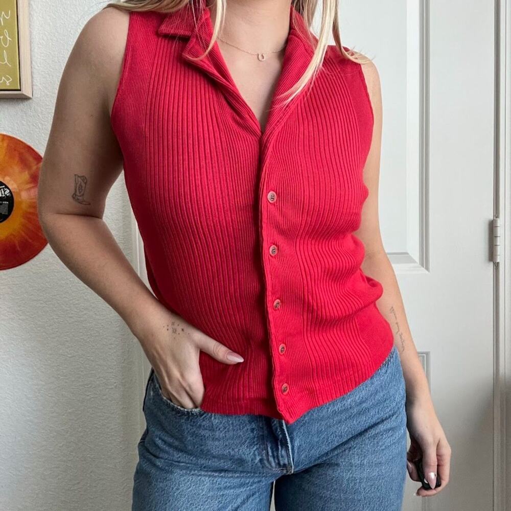 90s Y2K Karen Scott Bright Red Button Up Top Sz S (petites)